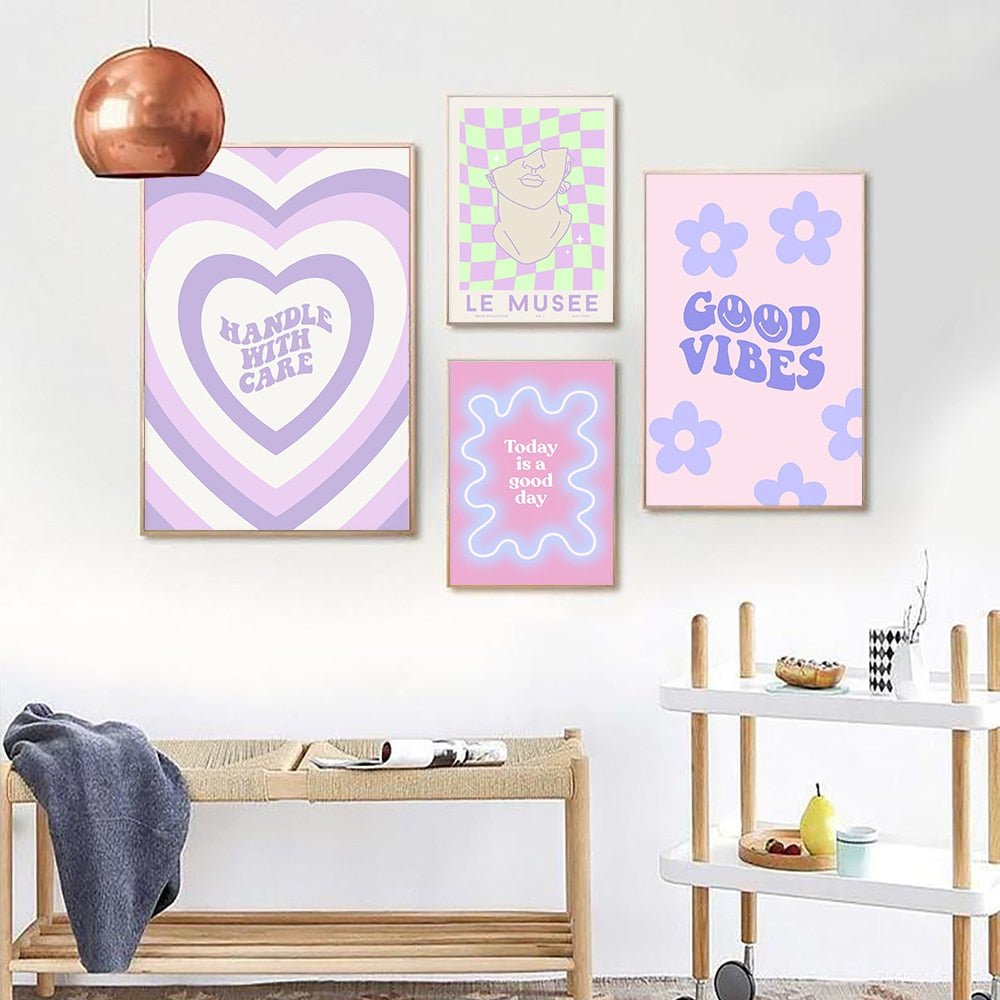 Greek Statue Danish Pastel Print Purple Checkered Smiley Flower Aesthetic Bedroom Wall Art Decor - DormVibes