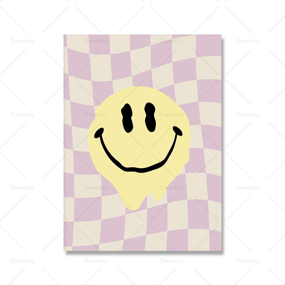Greek Statue Danish Pastel Print Purple Checkered Smiley Flower Aesthetic Bedroom Wall Art Decor - DormVibes