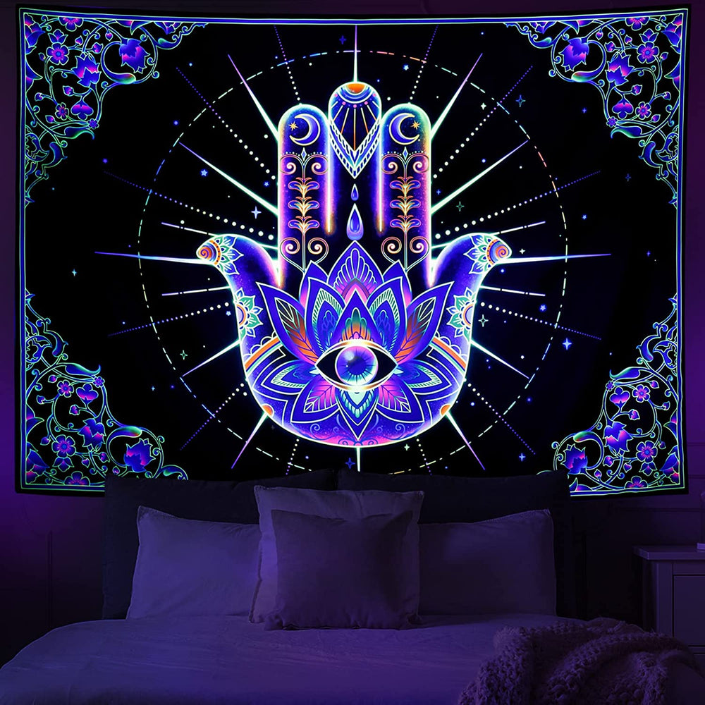 Purple and blue Hamsa hand tapestry with a central eye