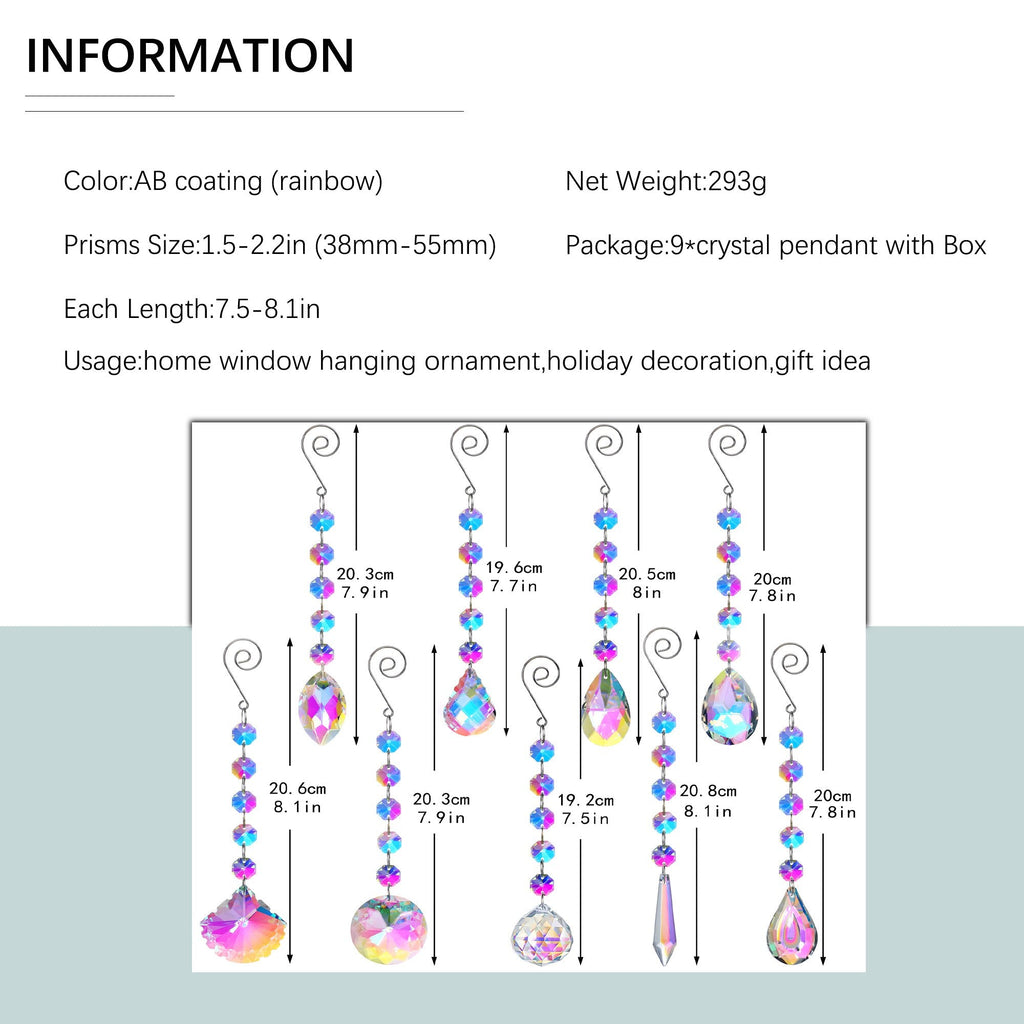 H&D 9-Piece Rainbow Maker Crystal Window Hanging Set – Suncatchers Ornament, AB-Coating Pendant, Home, Chandelier, Garden, Christmas Decor - DormVibes