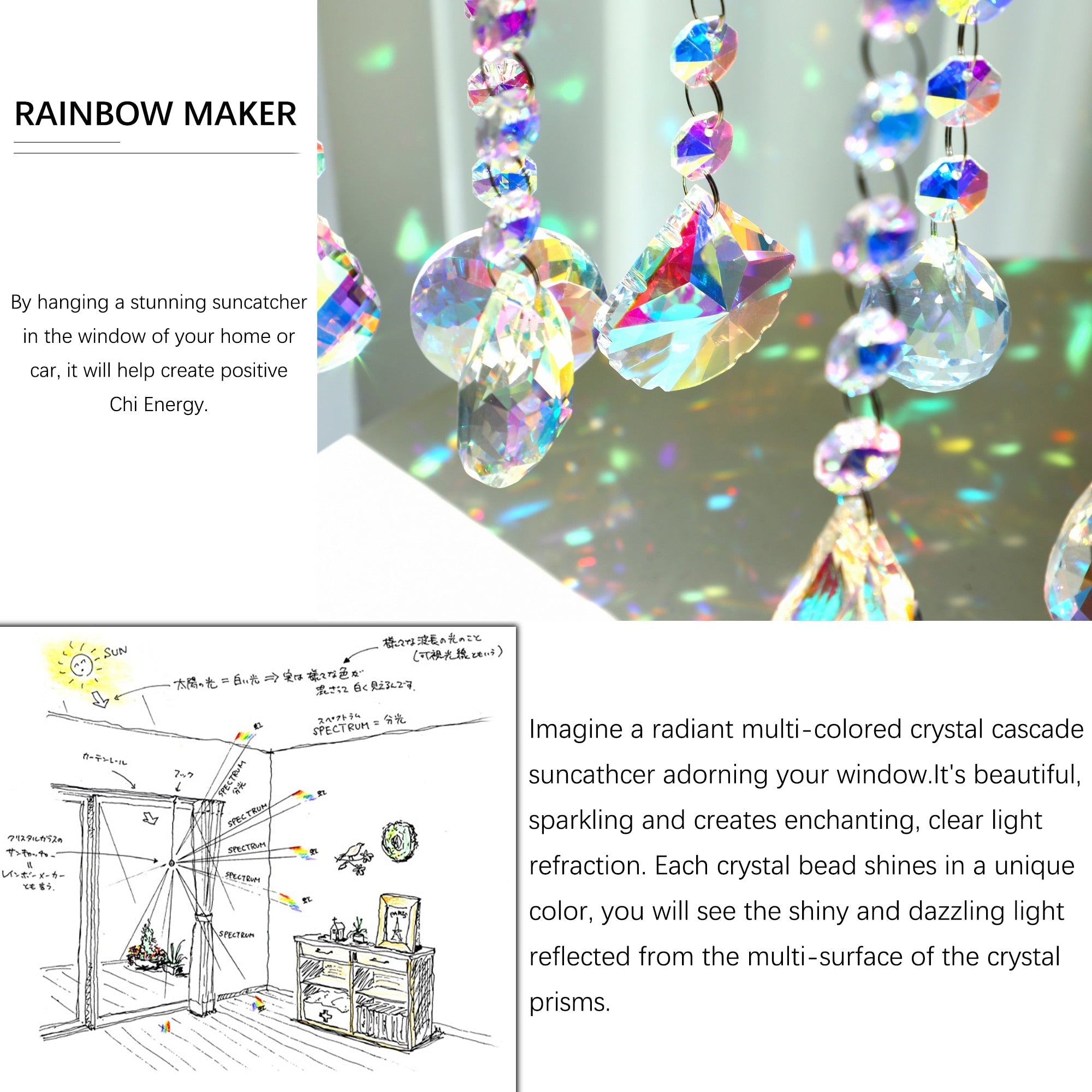 H&D HYALINE & DORA Set 7 Crystal Rainbow Suncatcher Glass Bead Chain  Fengshui Hanging Pendant for Window Garden Party