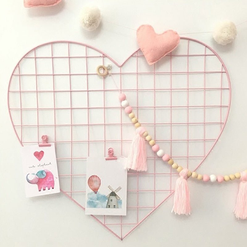 Heart Wall Decoration: Photo Grid Panel Rack with Clips, Painted Wire Picture Hanging Frame, Photo Organizer for Home Decor - DormVibes