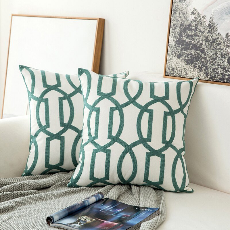 Home Decor Embroidered Cushion Cover: Grey Blue/White Geometric Floral Design, Canvas Cotton Square Pillow Cover, 45x45cm - DormVibes