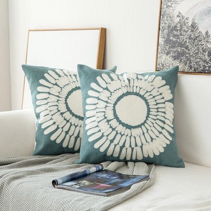 Home Decor Embroidered Cushion Cover: Grey Blue/White Geometric Floral Design, Canvas Cotton Square Pillow Cover, 45x45cm - DormVibes