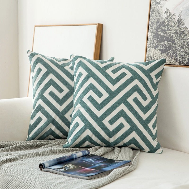 Home Decor Embroidered Cushion Cover: Grey Blue/White Geometric Floral Design, Canvas Cotton Square Pillow Cover, 45x45cm - DormVibes