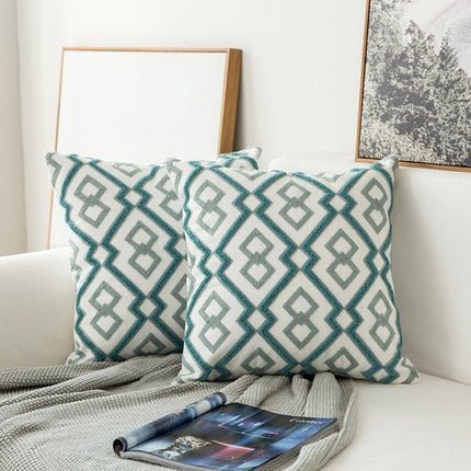 Home Decor Embroidered Cushion Cover: Grey Blue/White Geometric Floral Design, Canvas Cotton Square Pillow Cover, 45x45cm - DormVibes