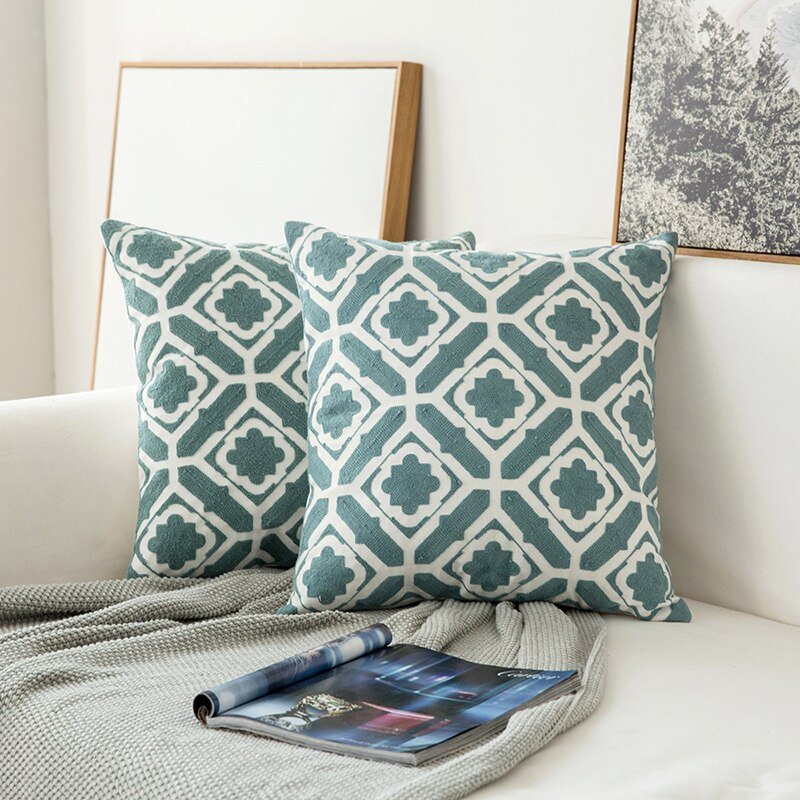 Home Decor Embroidered Cushion Cover: Grey Blue/White Geometric Floral Design, Canvas Cotton Square Pillow Cover, 45x45cm - DormVibes