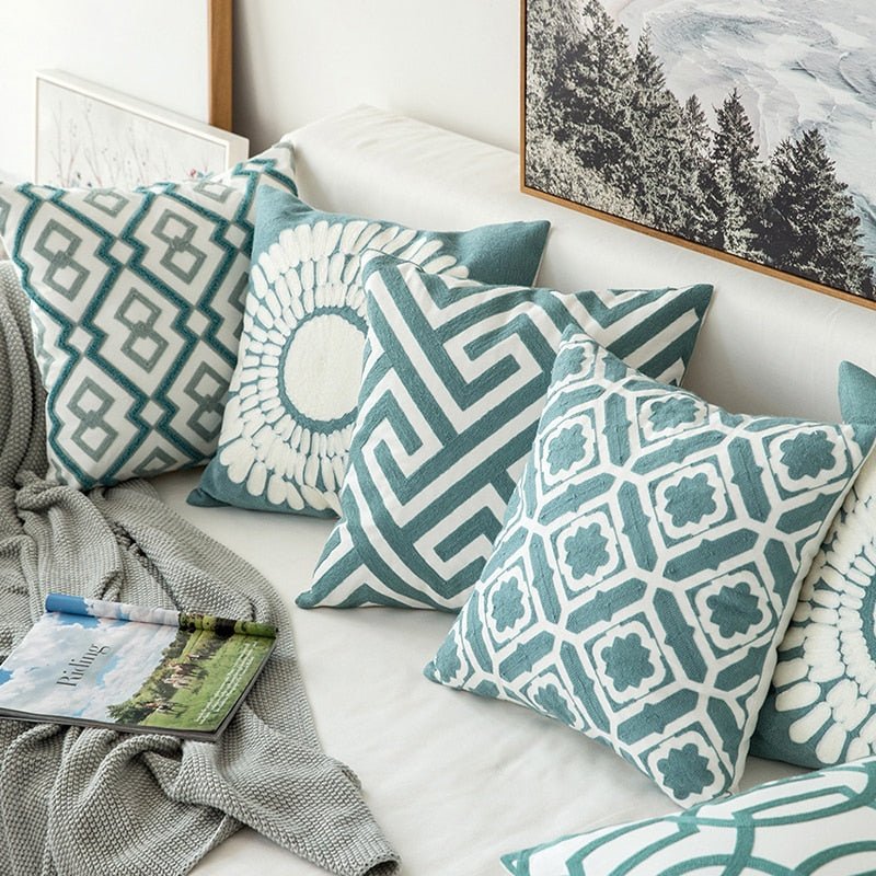 Home Decor Embroidered Cushion Cover Grey Blue White Geometric Floral Design Canvas Cotton Square Pillow Cover 45x45cm