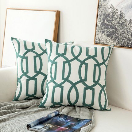 Home Decor Embroidered Cushion Cover: Grey Blue/White Geometric Floral Design, Canvas Cotton Square Pillow Cover, 45x45cm - DormVibes