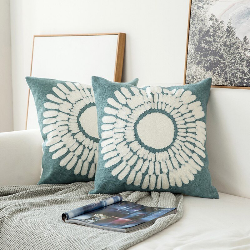 Home Decor Embroidered Cushion Cover: Grey Blue/White Geometric Floral Design, Canvas Cotton Square Pillow Cover, 45x45cm - DormVibes