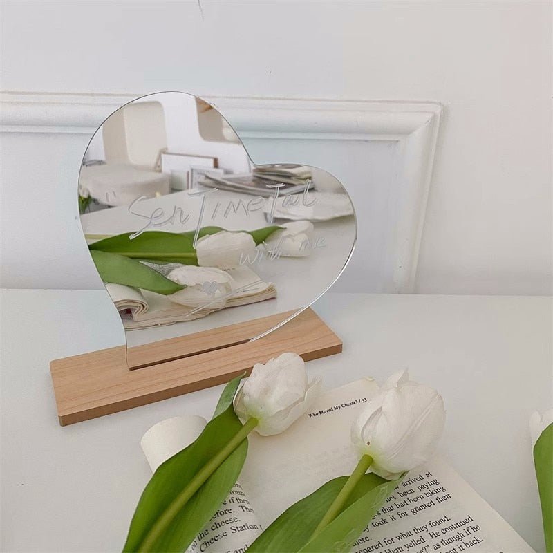 Irregular Heart-Shaped Cosmetic Mirror: Acrylic Decorative Mirror with Wooden Base for Makeup, Desktop Ornament and Home Decor - DormVibes