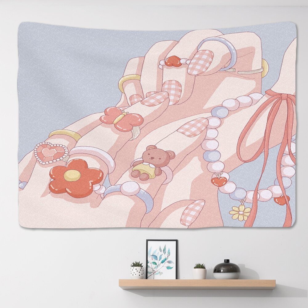 Kawaii Pink Anime Snack Tapestry Large Wall Hanging for Bedroom