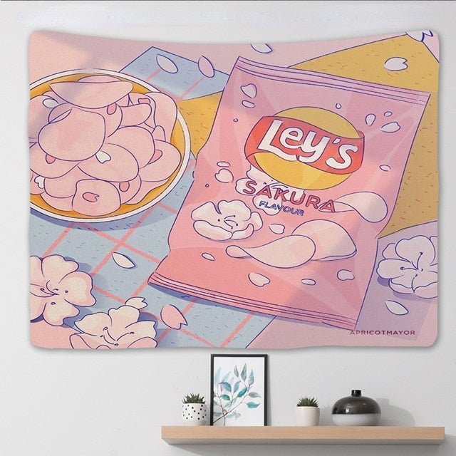 Kawaii Pink Anime Snack Tapestry Large Wall Hanging for Bedroom