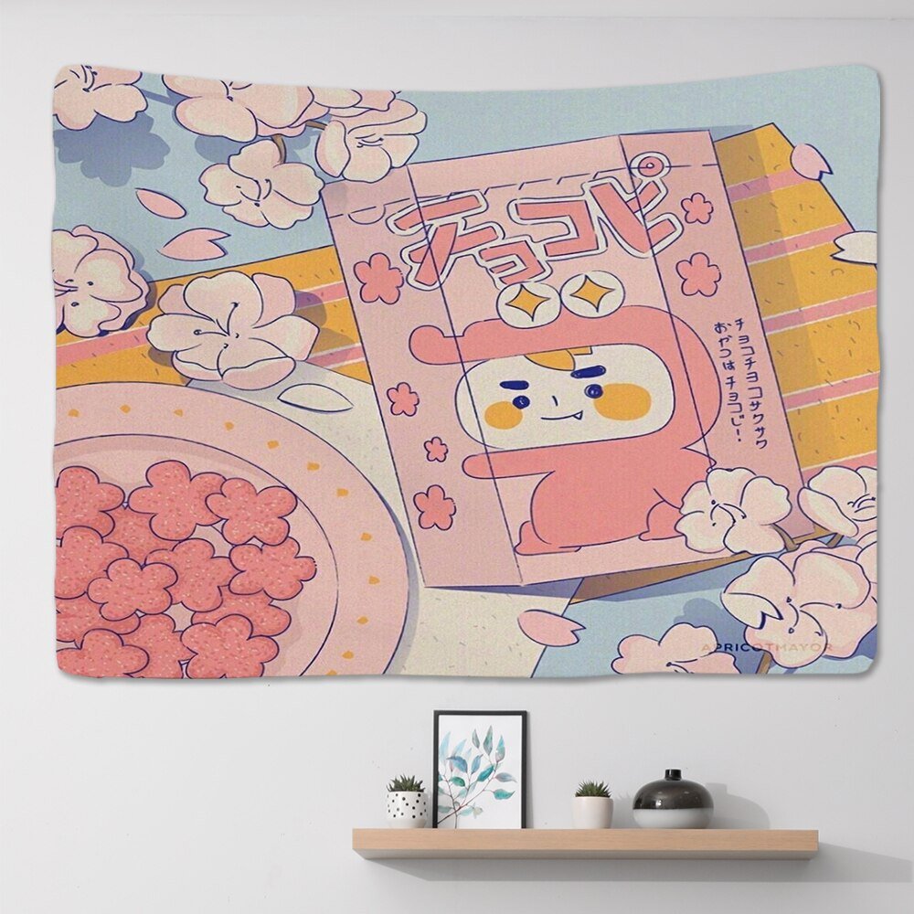 Kawaii Pink Anime Snack Tapestry Large Wall Hanging for Bedroom Dor DormVibes