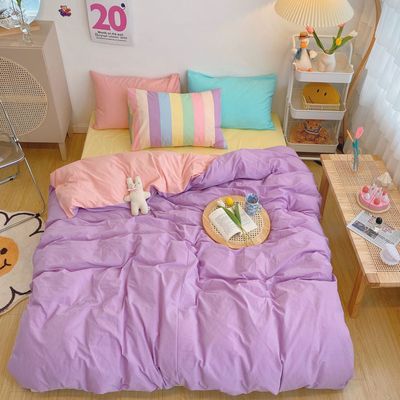 Kawaii Rainbow Bedding Duvet Set: 100% Cotton Flat Bed Sheet and Pillowcases, Korean Style Princess Full Queen Bed Sets - DormVibes