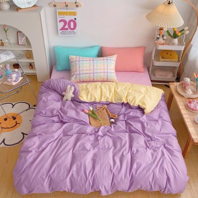 Kawaii Rainbow Bedding Duvet Set: 100% Cotton Flat Bed Sheet and Pillowcases, Korean Style Princess Full Queen Bed Sets - DormVibes