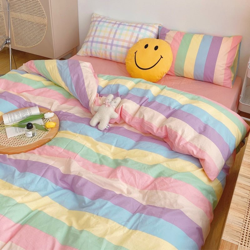 Kawaii Rainbow Bedding Duvet Set: 100% Cotton Flat Bed Sheet and Pillowcases, Korean Style Princess Full Queen Bed Sets - DormVibes