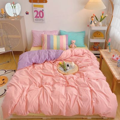 Kawaii Rainbow Bedding Duvet Set: 100% Cotton Flat Bed Sheet and Pillowcases, Korean Style Princess Full Queen Bed Sets - DormVibes