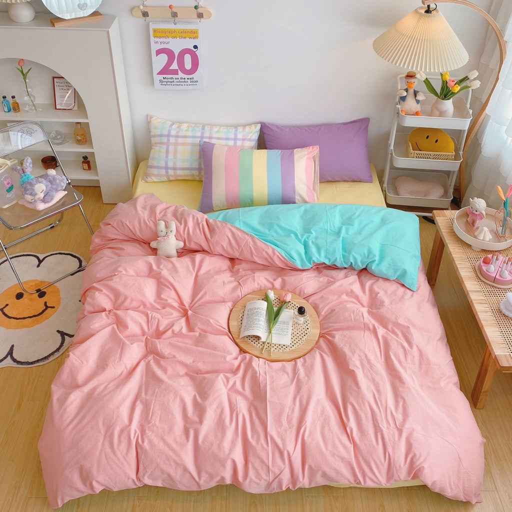 Kawaii Rainbow Bedding Duvet Set: 100% Cotton Flat Bed Sheet and Pillowcases, Korean Style Princess Full Queen Bed Sets - DormVibes