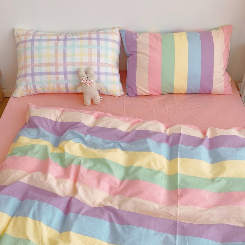Kawaii Rainbow Bedding Duvet Set: 100% Cotton Flat Bed Sheet and Pillowcases, Korean Style Princess Full Queen Bed Sets - DormVibes