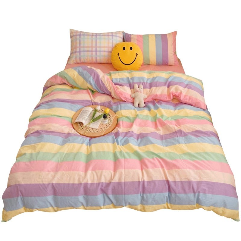 Kawaii Rainbow Bedding Duvet Set: 100% Cotton Flat Bed Sheet and Pillowcases, Korean Style Princess Full Queen Bed Sets - DormVibes