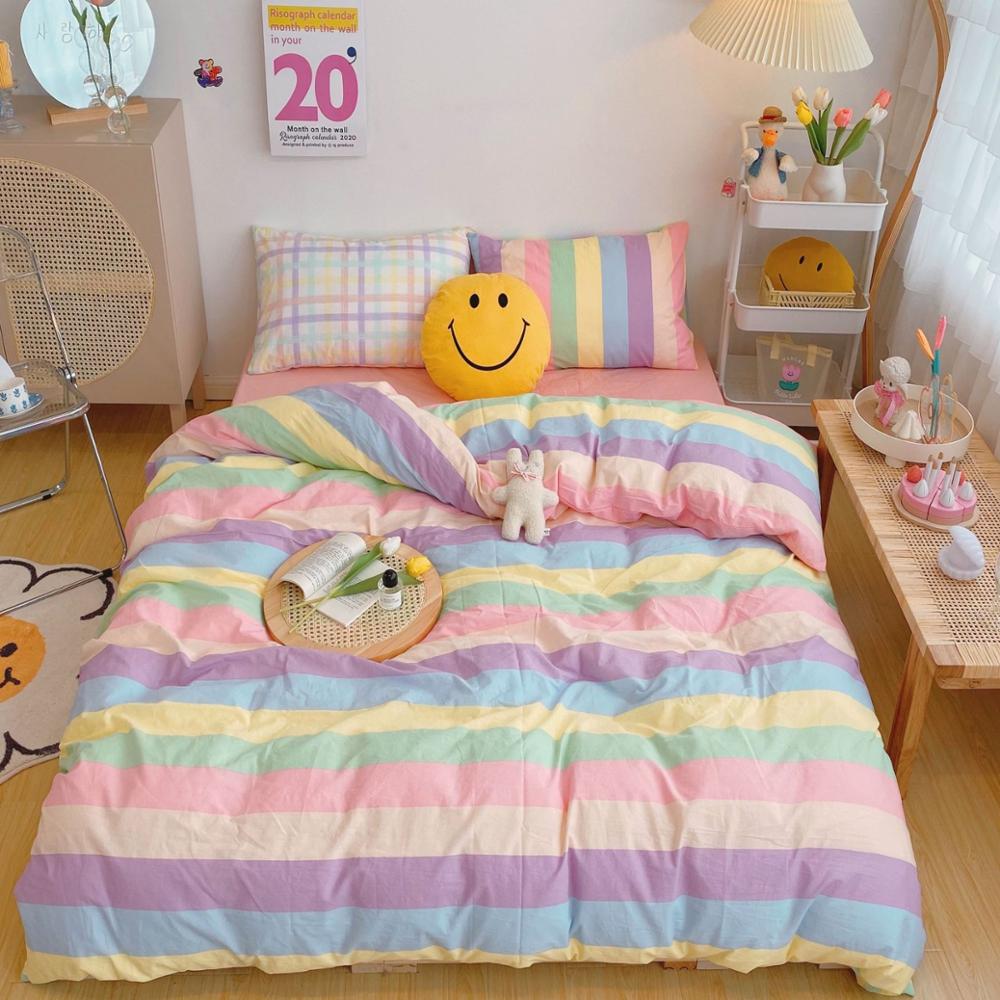 Kawaii Rainbow Bedding Duvet Set: 100% Cotton Flat Bed Sheet and Pillowcases, Korean Style Princess Full Queen Bed Sets - DormVibes