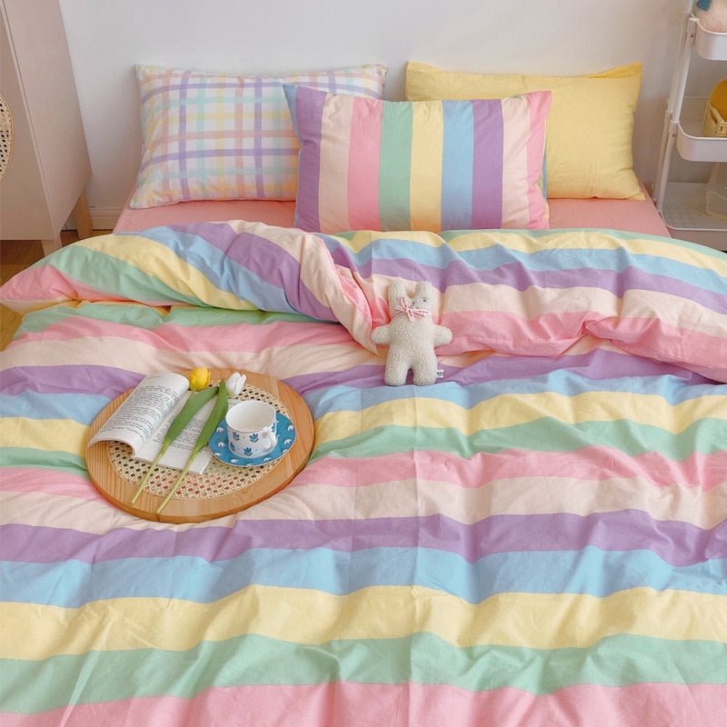 Kawaii Rainbow Bedding Duvet Set: 100% Cotton Flat Bed Sheet and Pillowcases, Korean Style Princess Full Queen Bed Sets - DormVibes