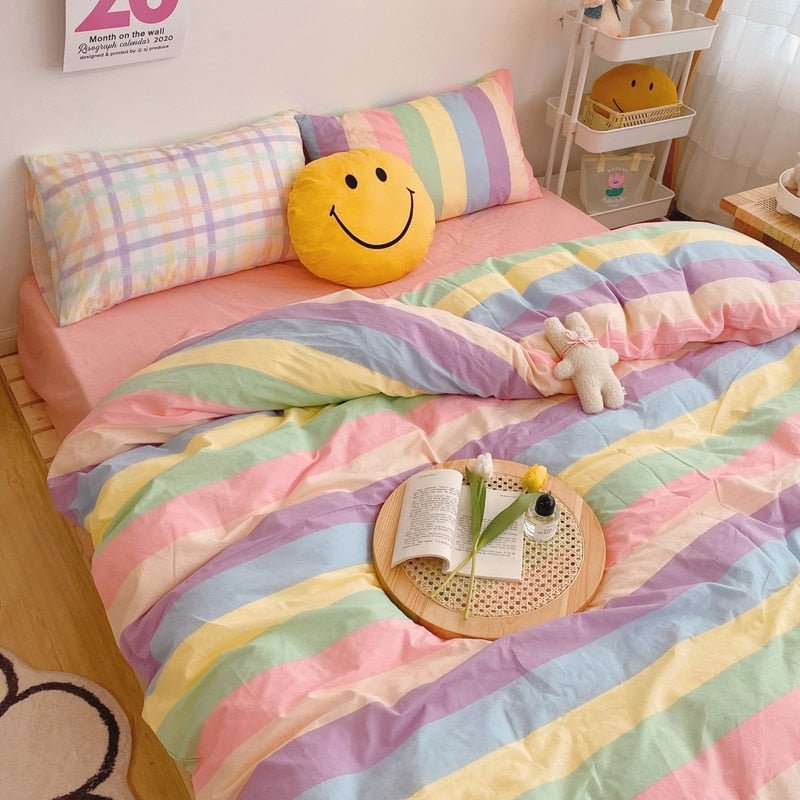 Kawaii Rainbow Bedding Duvet Set: 100% Cotton Flat Bed Sheet and Pillowcases, Korean Style Princess Full Queen Bed Sets - DormVibes