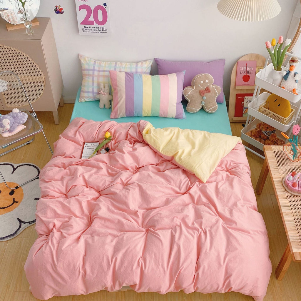 Kawaii Rainbow Bedding Duvet Set: 100% Cotton Flat Bed Sheet and Pillowcases, Korean Style Princess Full Queen Bed Sets - DormVibes