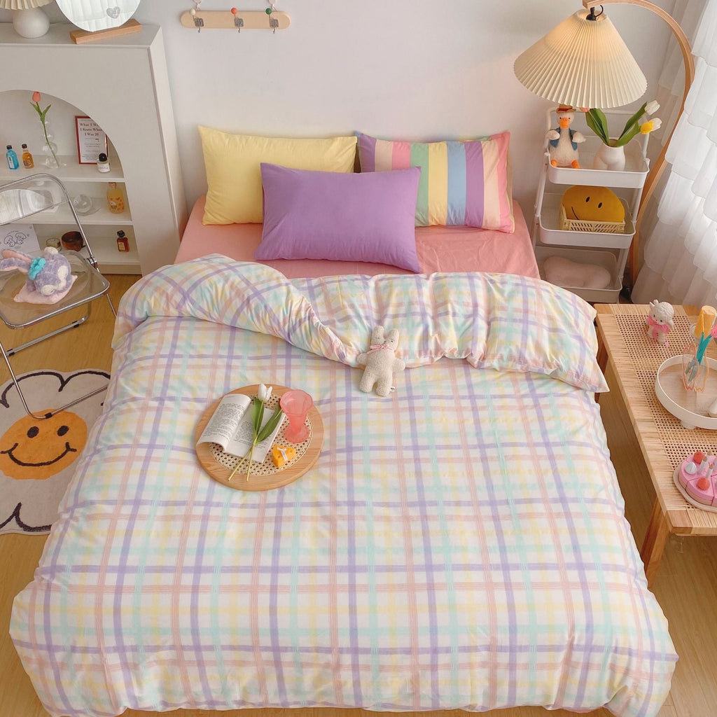 Kawaii Rainbow Bedding Duvet Set: 100% Cotton Flat Bed Sheet and Pillowcases, Korean Style Princess Full Queen Bed Sets - DormVibes