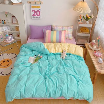 Kawaii Rainbow Bedding Duvet Set: 100% Cotton Flat Bed Sheet and Pillowcases, Korean Style Princess Full Queen Bed Sets - DormVibes