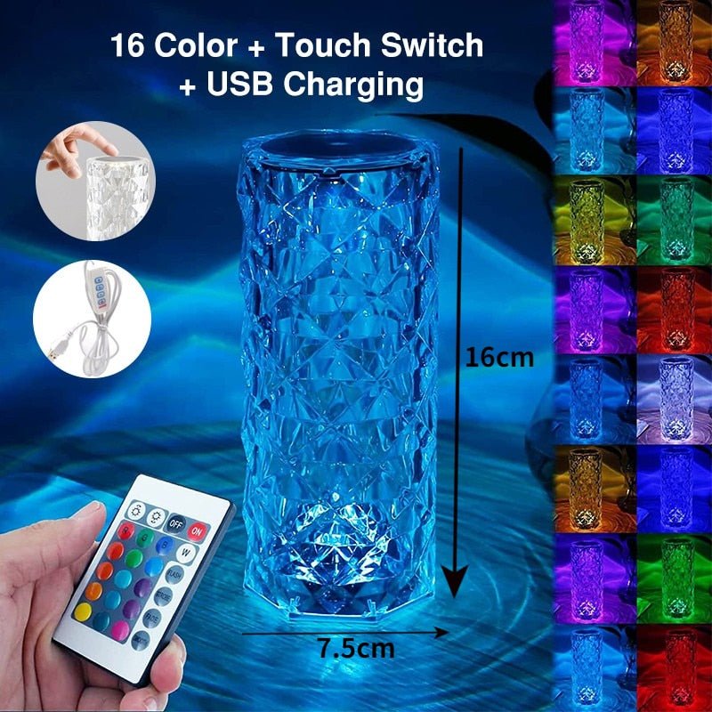 LED Diamond Crystal Projection Night Light – USB Rechargeable, Touch Control Color Change, Bedside Table Lamp, Elegant Night Lighting - DormVibes