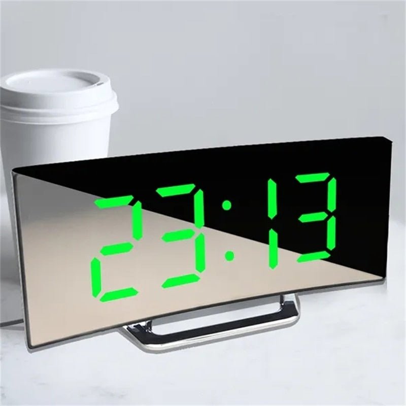 LED Digital Alarm Clock – Curved Mirror Screen, Table Clock with Snooze Function, Electronic Desktop Display, Bedroom and Home Decor - DormVibes