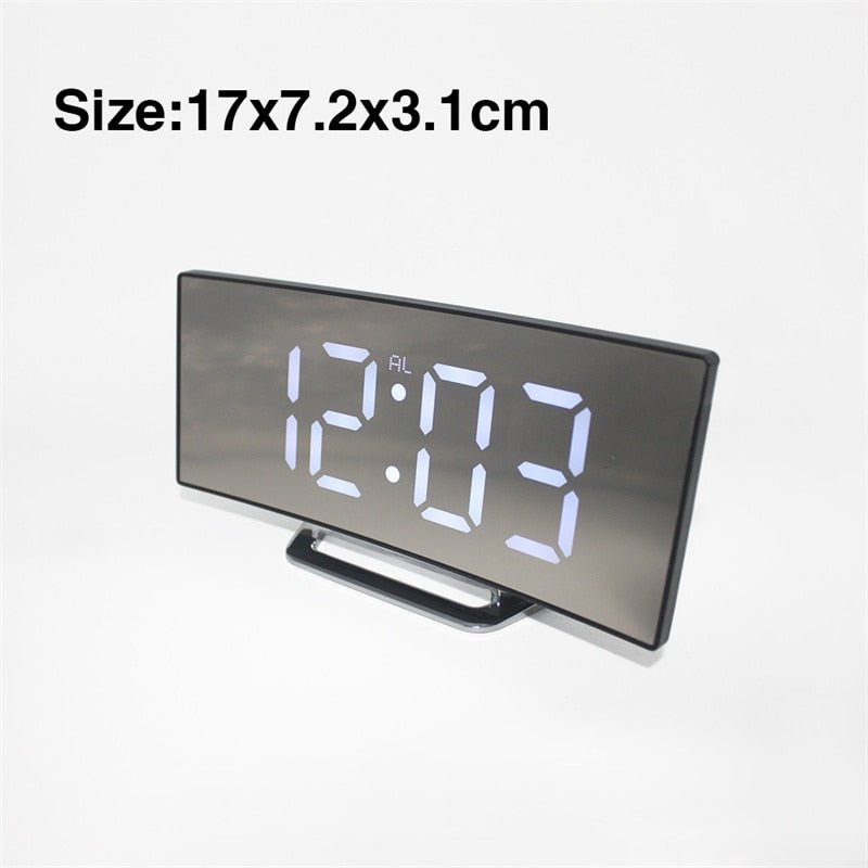 LED Digital Alarm Clock – Curved Mirror Screen, Table Clock with Snooze Function, Electronic Desktop Display, Bedroom and Home Decor - DormVibes