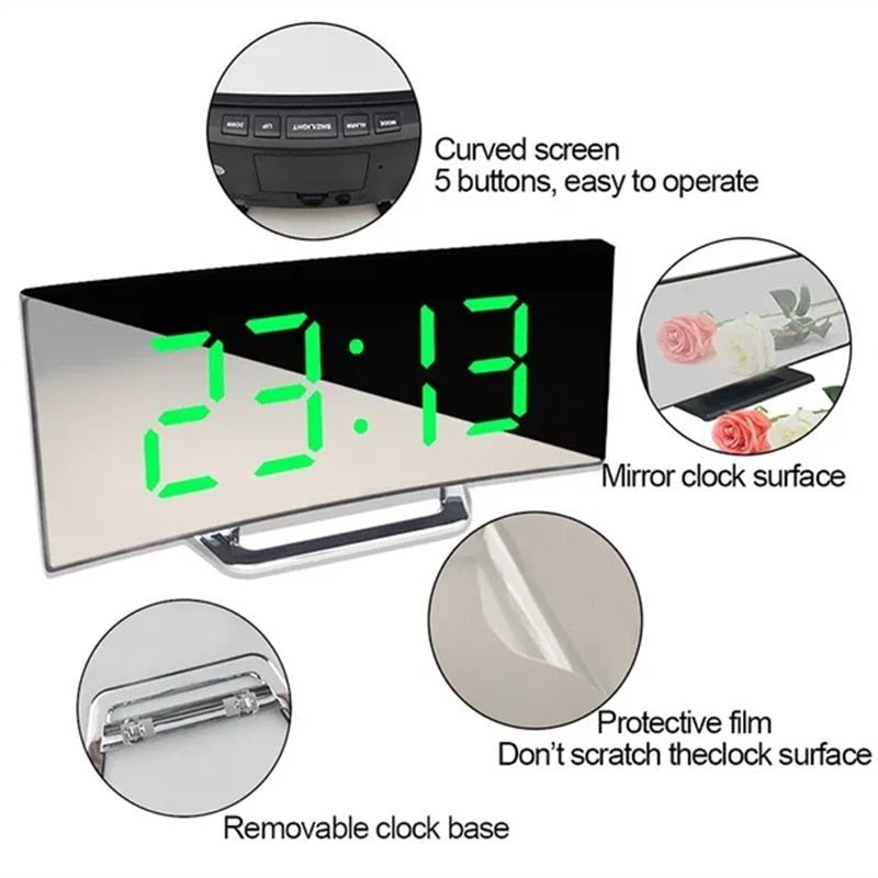 LED Digital Alarm Clock – Curved Mirror Screen, Table Clock with Snooze Function, Electronic Desktop Display, Bedroom and Home Decor - DormVibes