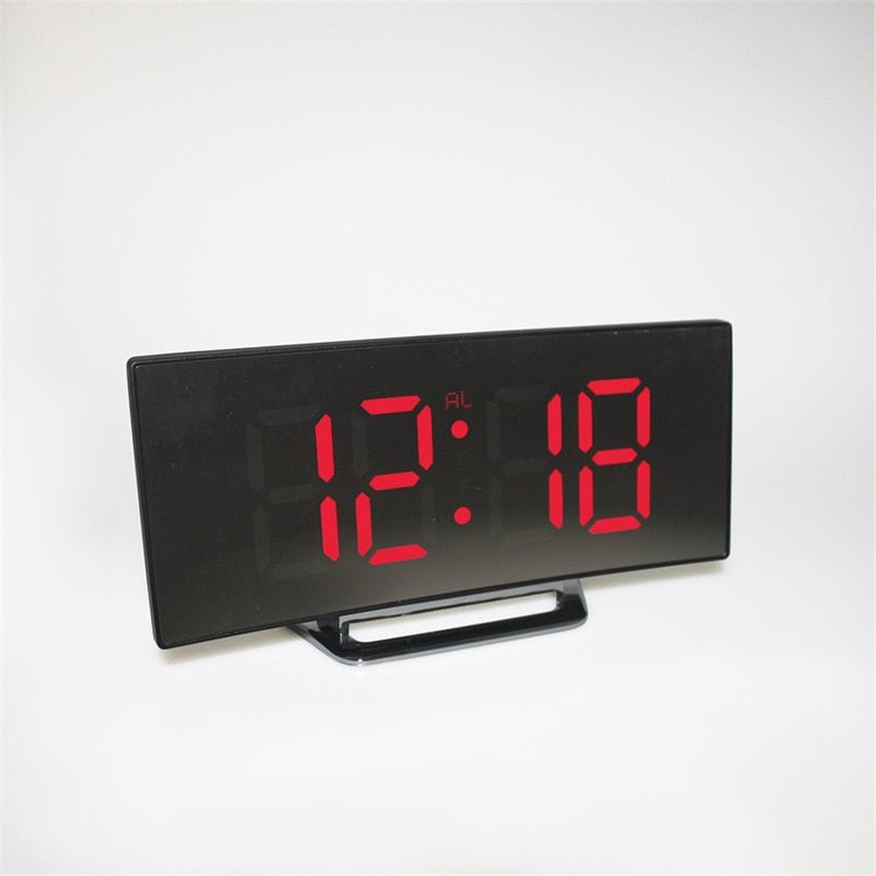 LED Digital Alarm Clock – Curved Mirror Screen, Table Clock with Snooze Function, Electronic Desktop Display, Bedroom and Home Decor - DormVibes