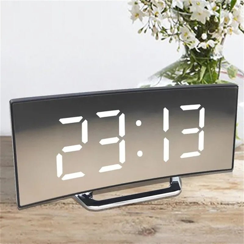 LED Digital Alarm Clock – Curved Mirror Screen, Table Clock with Snooze Function, Electronic Desktop Display, Bedroom and Home Decor - DormVibes