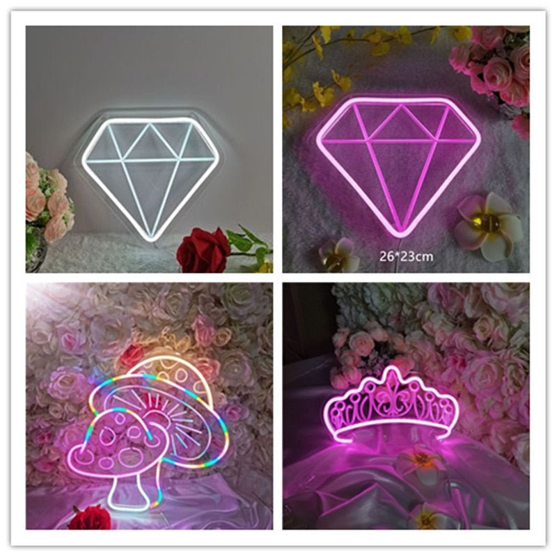 LED Neon Wall Lights in 10 Styles: Xmas, Party, and Wedding Decor, Diamond Crown Neon Sign for Bars, Night Lamps for Home and Room Deco - DormVibes