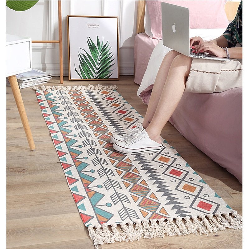 Luxury Bohemia Ethnic Style Cotton Linen Carpet: Handmade Tassel Rug for Living Room, Bedside, and Boho Home Decoration - DormVibes