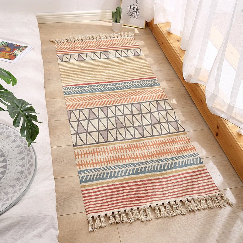 Luxury Bohemia Ethnic Style Cotton Linen Carpet: Handmade Tassel Rug for Living Room, Bedside, and Boho Home Decoration - DormVibes