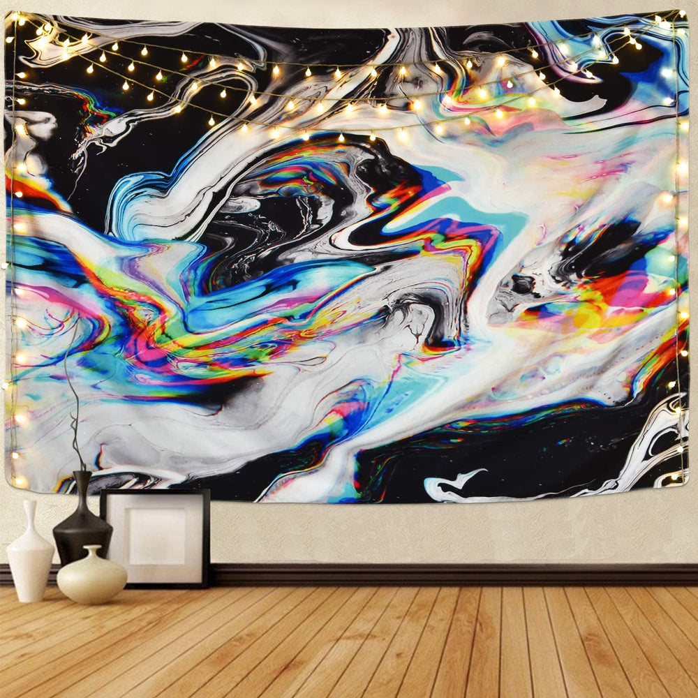 Black-and-white abstract tapestry with swirling rainbow marble patterns