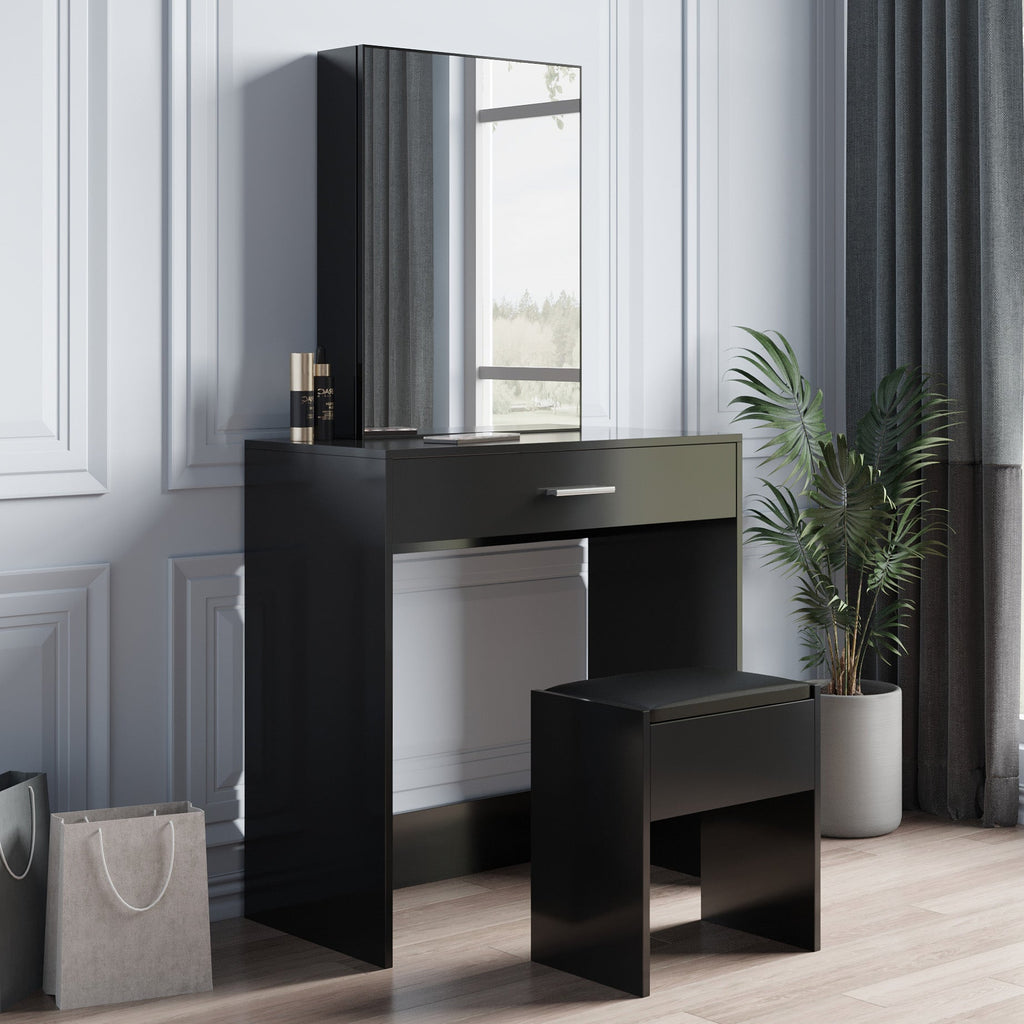 Matte Black Vanity with Mirror Cabinet and Stool Set - DormVibes