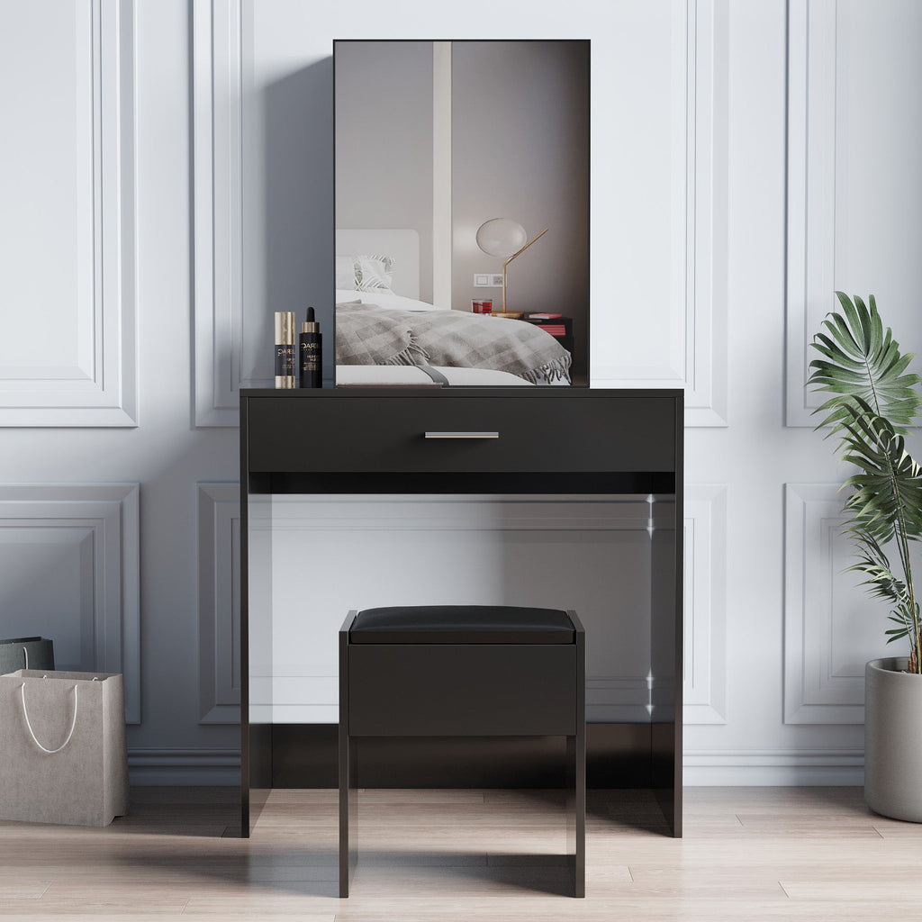 Matte Black Vanity with Mirror Cabinet and Stool Set - DormVibes