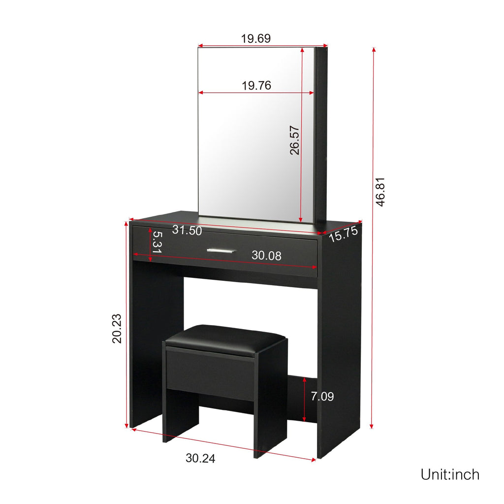 Matte Black Vanity with Mirror Cabinet and Stool Set - DormVibes