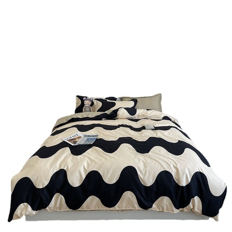 Modern Ripple Pattern Bedding Sets: Black and White Comfort Textile with Pillowcases, Bed Sheets, and Quilt Covers for Super King, Single, and Double Beds - DormVibes