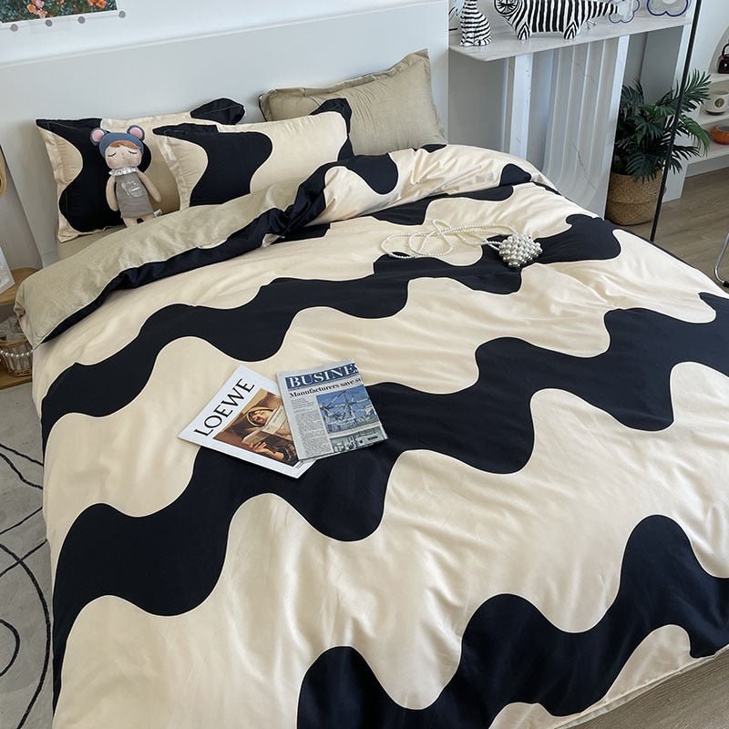 Modern Ripple Pattern Bedding Sets: Black and White Comfort Textile with Pillowcases, Bed Sheets, and Quilt Covers for Super King, Single, and Double Beds - DormVibes