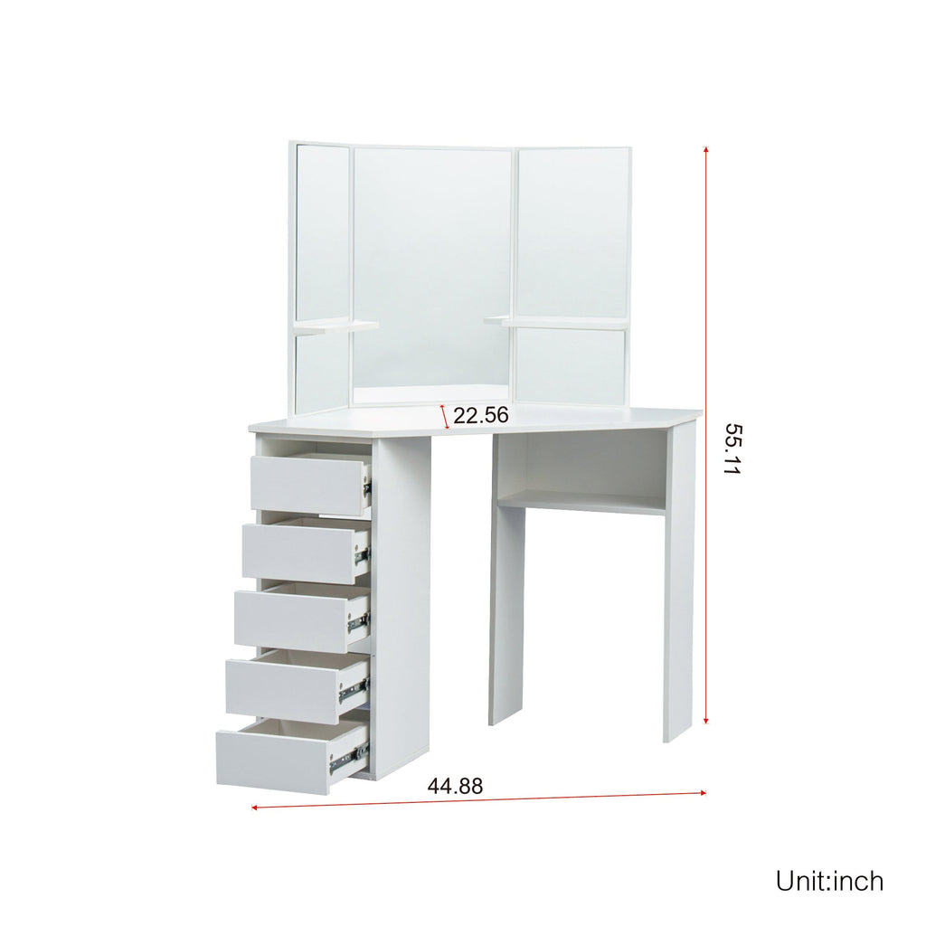 Modern Tri-Fold Mirror Vanity with Storage and Stool Set - DormVibes