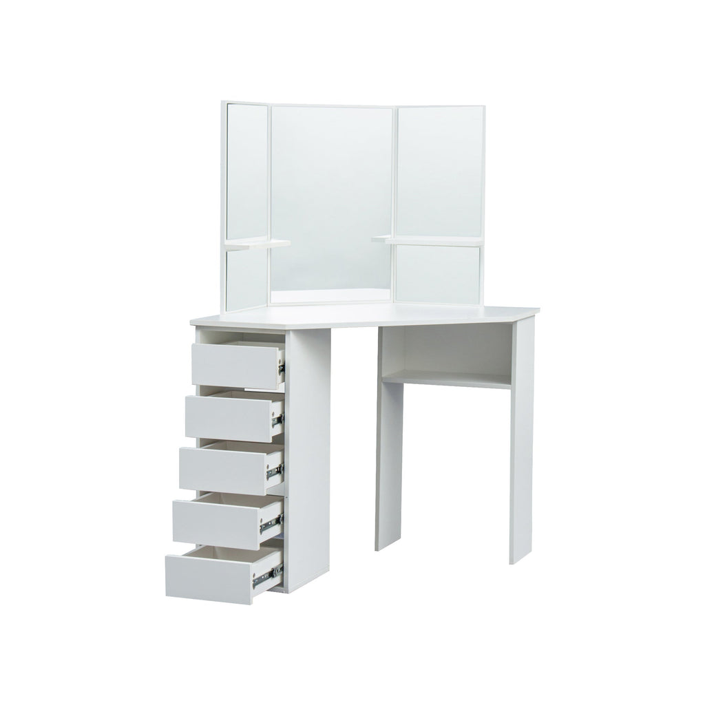Modern Tri-Fold Mirror Vanity with Storage and Stool Set - DormVibes