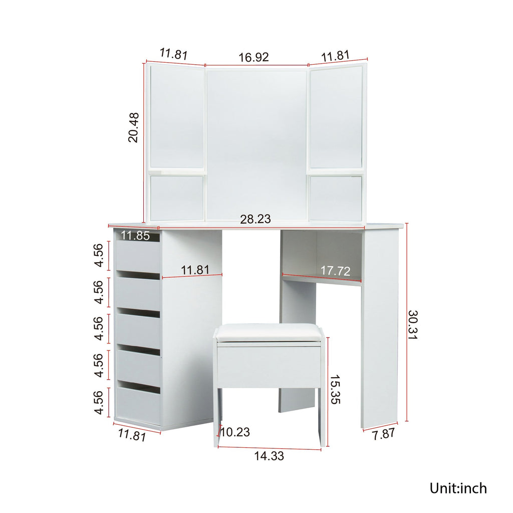 Modern Tri-Fold Mirror Vanity with Storage and Stool Set - DormVibes