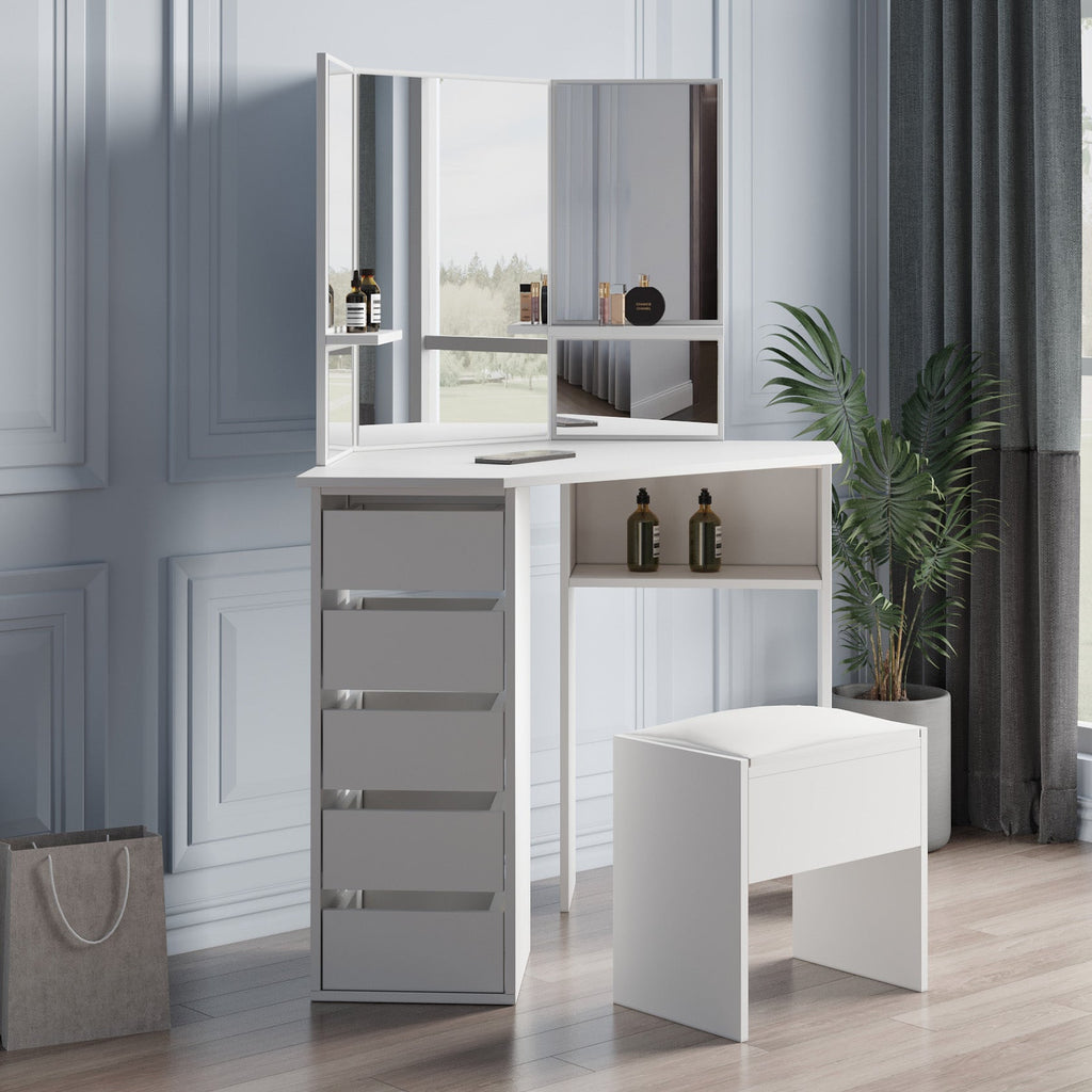 Modern Tri-Fold Mirror Vanity with Storage and Stool Set - DormVibes